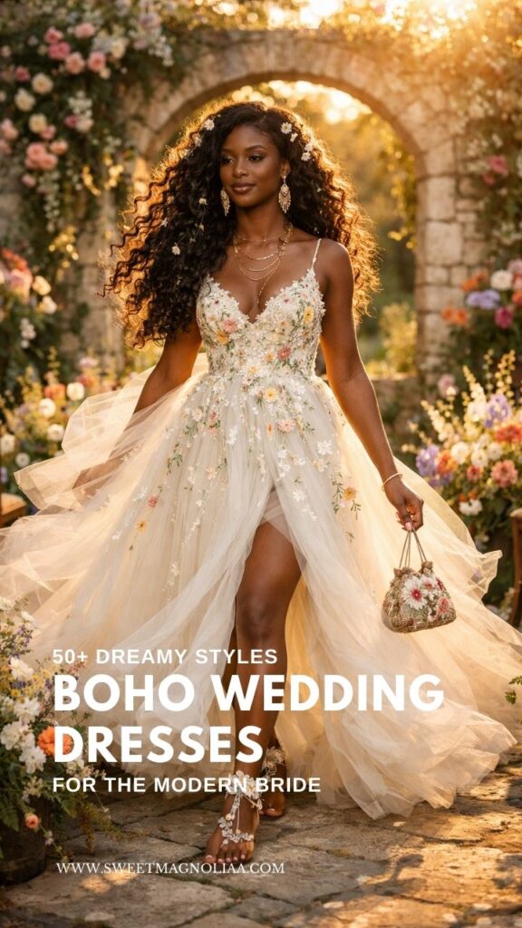 Bride wearing a floral embroidered boho wedding dress with flowing tulle skirt and slit, walking through a romantic garden arch surrounded by flowers at sunset.