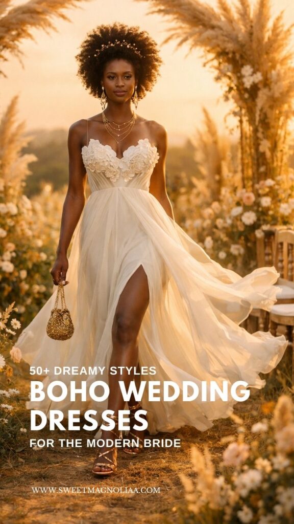 Bride wearing a floral appliqué boho wedding dress with sweetheart neckline, flowing chiffon skirt, and slit walking through a sunset outdoor garden wedding aisle.