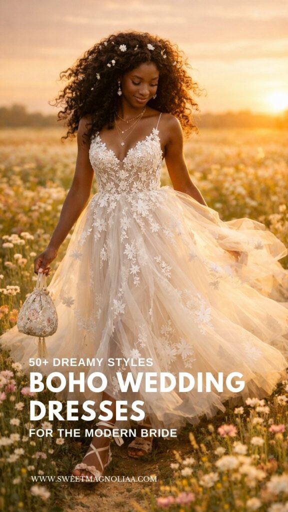 Bride wearing a floral appliqué boho wedding dress with flowing tulle skirt walking through a wildflower field at sunset.