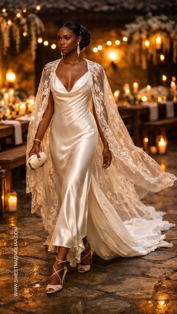 Bride wearing a satin boho wedding dress with draped neckline and flowing lace cape walking through a candlelit rustic wedding reception at night.