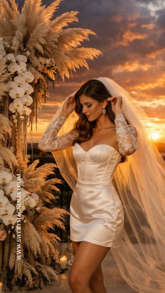 Bride wearing a satin corset short boho wedding dress with sheer lace sleeves and long veil standing beside pampas and orchid floral arch at sunset.