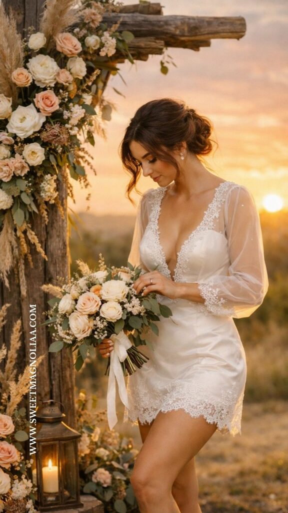 Look 12: Sheer Sleeve Lace Short Boho Wedding Dress
This graceful boho wedding dress features delicate lace trim, soft sheer sleeves, and a flattering deep neckline that adds timeless romance. Among elegant short wedding dresses, this style feels refined yet effortless—perfect for intimate outdoor ceremonies and golden-hour celebrations.
Alt Text (160 characters):
Bride wearing a lace short boho wedding dress with sheer sleeves holding a bouquet beside a rustic floral arch during a romantic sunset outdoor wedding setting.