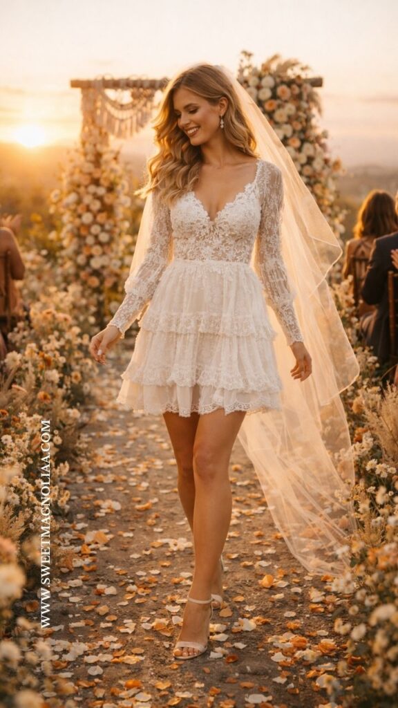 Bride wearing a layered lace short boho wedding dress with long sleeves and veil walking down a flower lined outdoor aisle during a sunset ceremony.