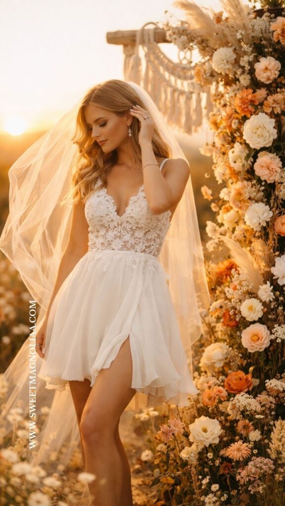 Bride wearing a lace bodice short boho wedding dress with flowing chiffon skirt and veil standing beside a floral arch during a golden sunset outdoor wedding ceremony.