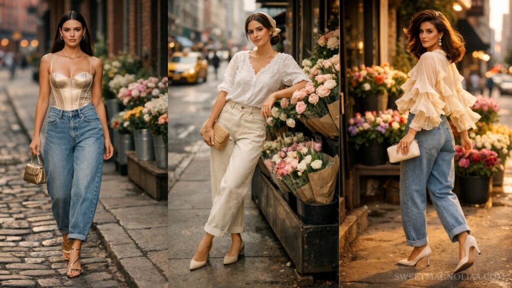 Three chic barrel jeans outfits featuring satin corset, soft white blouse, and ruffled top styled with heels and handbags, set against elegant city and floral backdrops. ✨