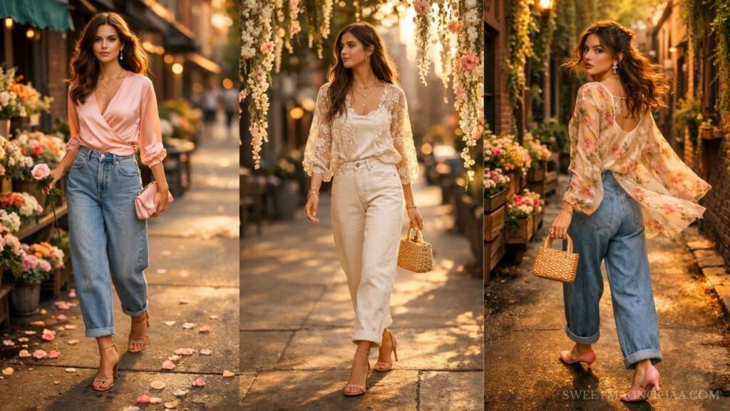 Three women in barrel jeans styled with soft, feminine tops—blush wrap, lace blouse, and sheer floral—walking through a golden, flower-lined street.