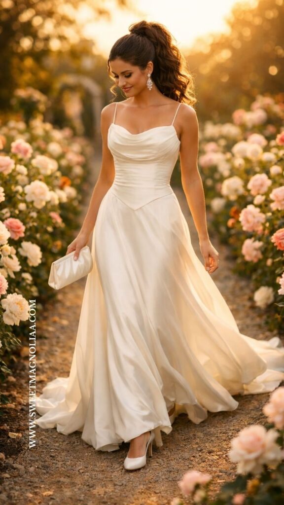 Bride wearing a satin basque waist wedding dress with delicate straps and flowing skirt walking through a rose garden during a romantic sunset wedding.