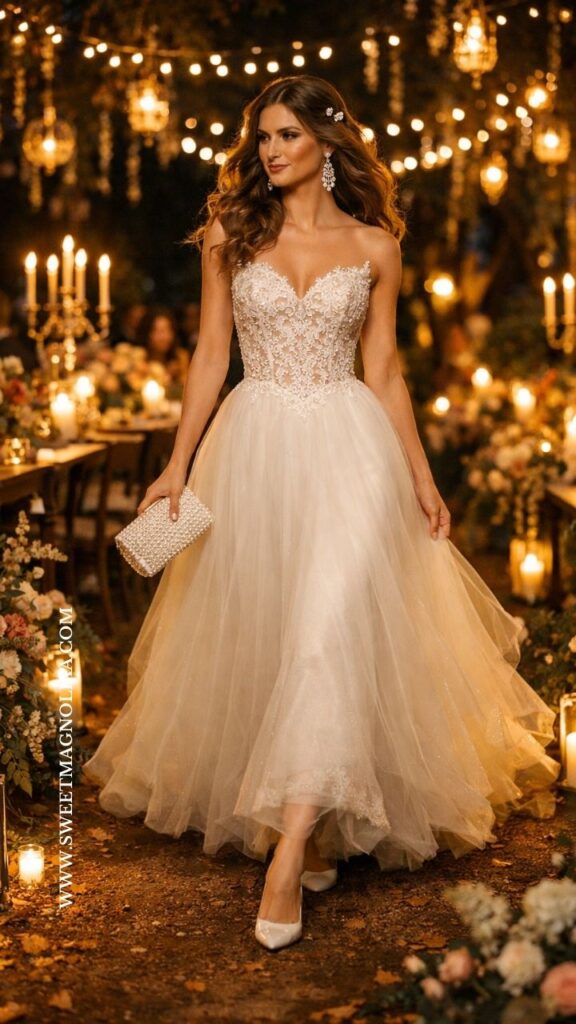 Bride wearing a lace basque waist wedding dress with layered tulle skirt walking through a candlelit garden reception with glowing string lights.