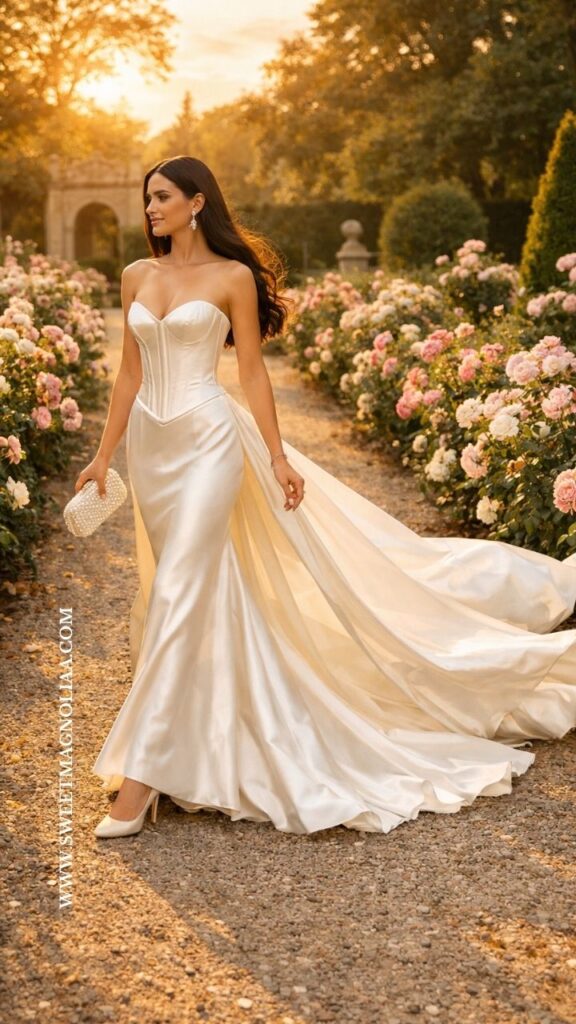Bride wearing a satin basque waist wedding dress with sweetheart bodice and flowing train walking through a rose garden path at sunset.