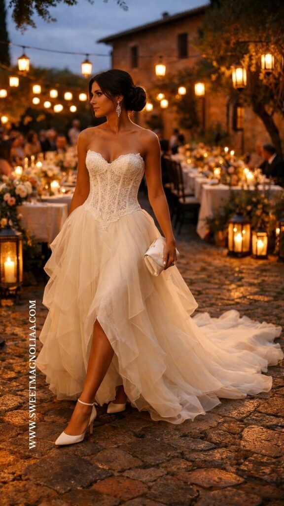 Bride wearing a lace basque waist wedding dress with layered tulle skirt walking through a candlelit garden reception with lanterns and string lights.