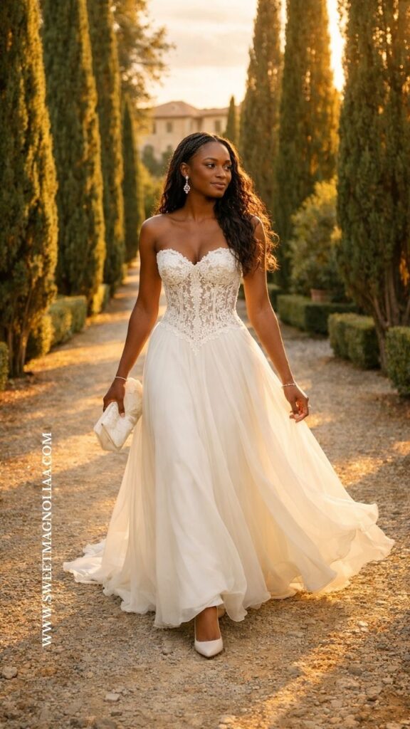 Bride wearing a lace corset basque waist wedding dress with flowing tulle skirt walking along a tree lined garden path at sunset wedding ceremony.