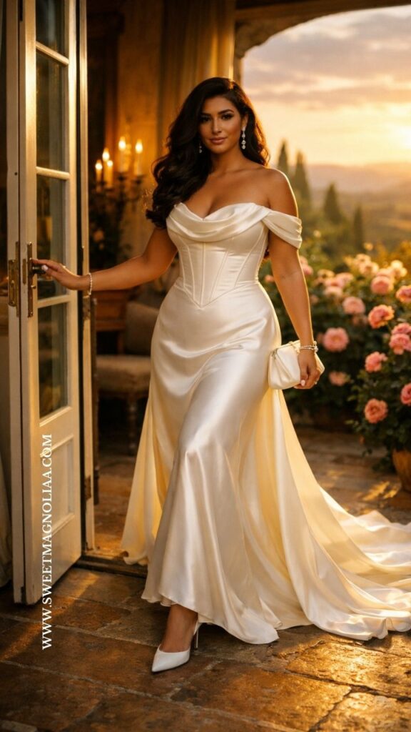 Bride wearing a satin basque waist wedding dress with off shoulder neckline and flowing train standing on a romantic terrace garden at sunset.