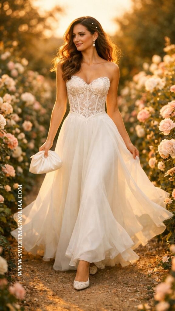 Bride wearing a lace corset wedding dress with flowing chiffon skirt walking through a rose garden path at sunset during a romantic outdoor ceremony.