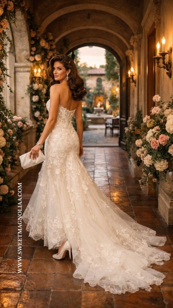 Bride wearing a lace basque waist wedding dress with fitted silhouette and flowing lace train walking through an elegant candlelit garden courtyard.