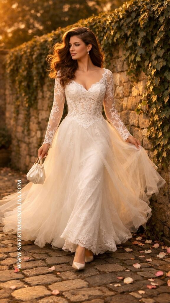 Bride wearing a long sleeve lace wedding dress with flowing tulle skirt walking along a cobblestone path beside an ivy covered wall at sunset garden wedding.