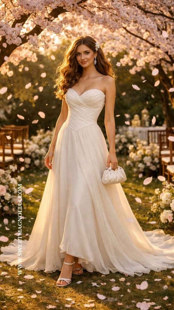 Bride wearing a sweetheart wedding dress with flowing skirt standing under blooming cherry blossom trees with petals falling during a romantic garden ceremony.