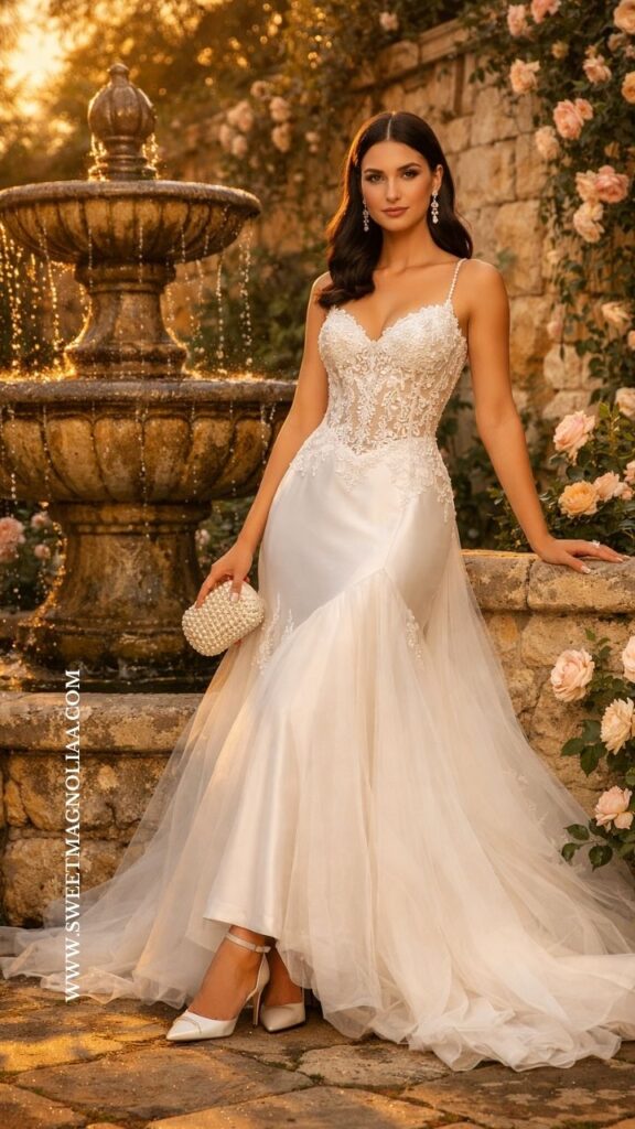 Bride wearing a lace bodice wedding dress with flowing tulle skirt standing beside a stone fountain in a romantic rose garden at sunset ceremony.