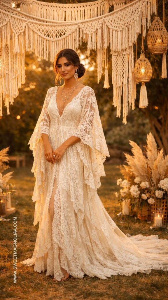 Bride wearing a flowing lace boho wedding dress with cape sleeves standing under a macramé wedding arch at a romantic outdoor bohemian ceremony.
