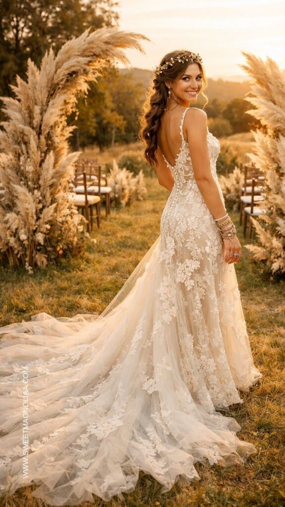 Bride wearing a lace boho wedding dress with open back and flowing lace train standing in a rustic outdoor ceremony aisle with pampas grass at sunset.