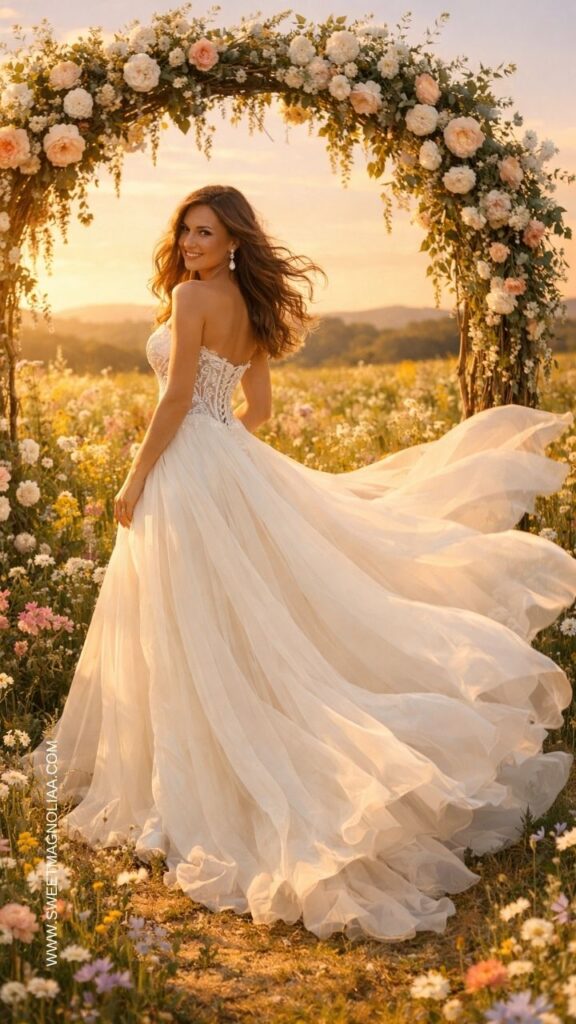 Bride wearing a flowing boho wedding dress with lace corset bodice and airy chiffon skirt standing under a floral arch in a wildflower meadow at sunset.