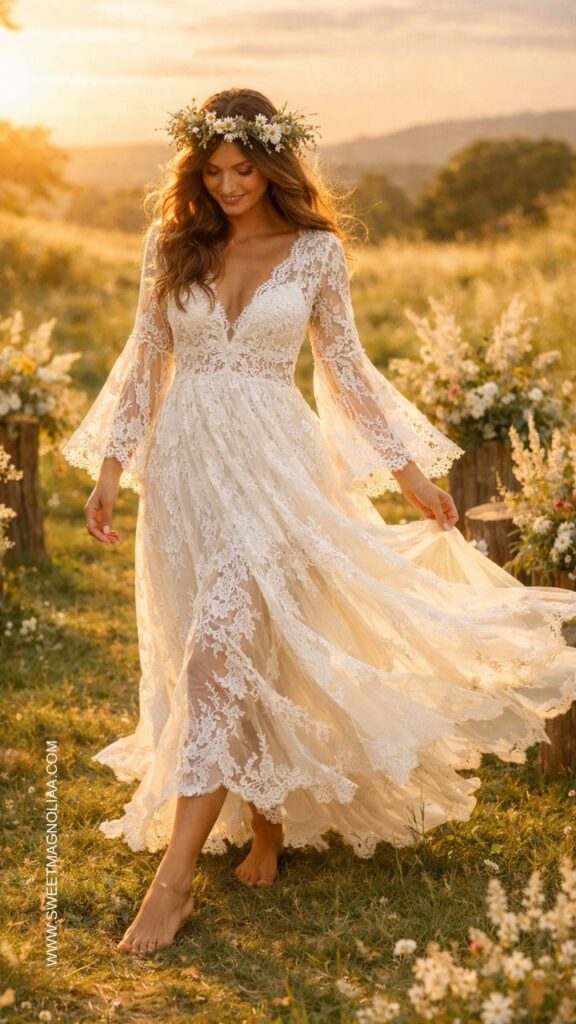 Bride wearing a lace boho wedding dress with bell sleeves and flowing skirt walking barefoot through a sunlit meadow with wildflowers at sunset.