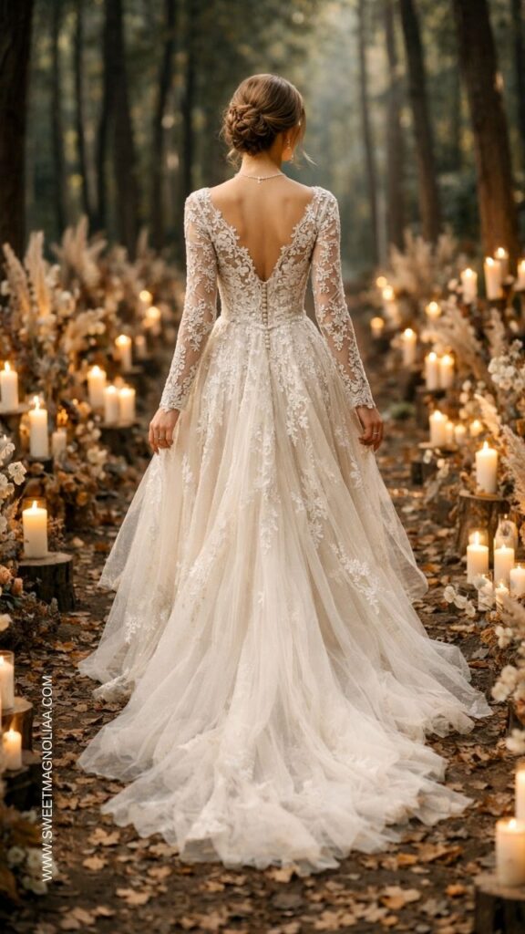Bride wearing a long sleeve lace boho wedding dress with open back walking down a candlelit forest aisle surrounded by trees and rustic wedding décor.