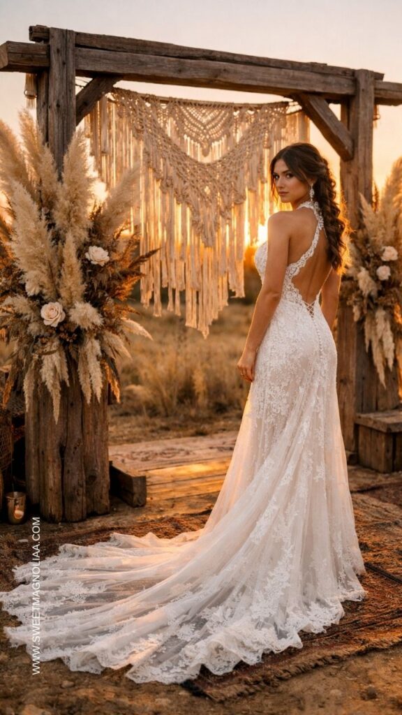 Bride wearing an open-back lace boho wedding dress with a flowing train standing under a rustic wooden arch with macramé décor at sunset.