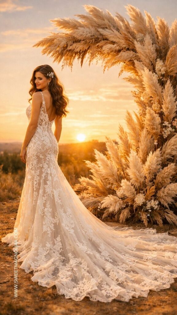 Bride wearing a backless lace boho wedding dress with a flowing lace train standing beside pampas grass décor at sunset during a rustic outdoor wedding.