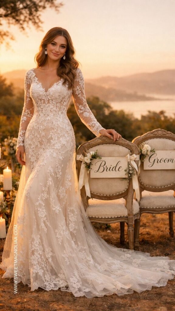 Bride wearing a long sleeve lace boho wedding dress with a flowing train standing beside bride and groom chairs at a romantic outdoor sunset wedding.