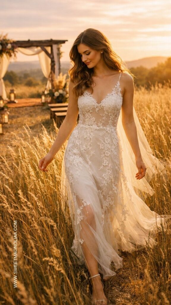 Bride wearing a flowing lace boho wedding dress with thin straps walking through a golden wheat field at sunset near a rustic outdoor ceremony arch.