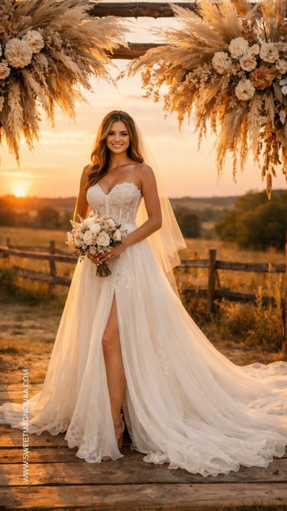 Bride wearing a strapless boho wedding dress with lace bodice, flowing chiffon train, and high slit standing under a rustic pampas grass arch at sunset.