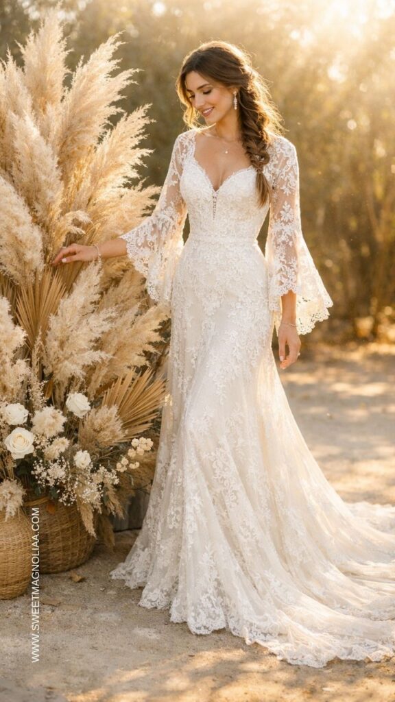 Bride wearing a lace boho wedding dress with bell sleeves and flowing train standing beside pampas grass décor at a romantic outdoor sunset ceremony.