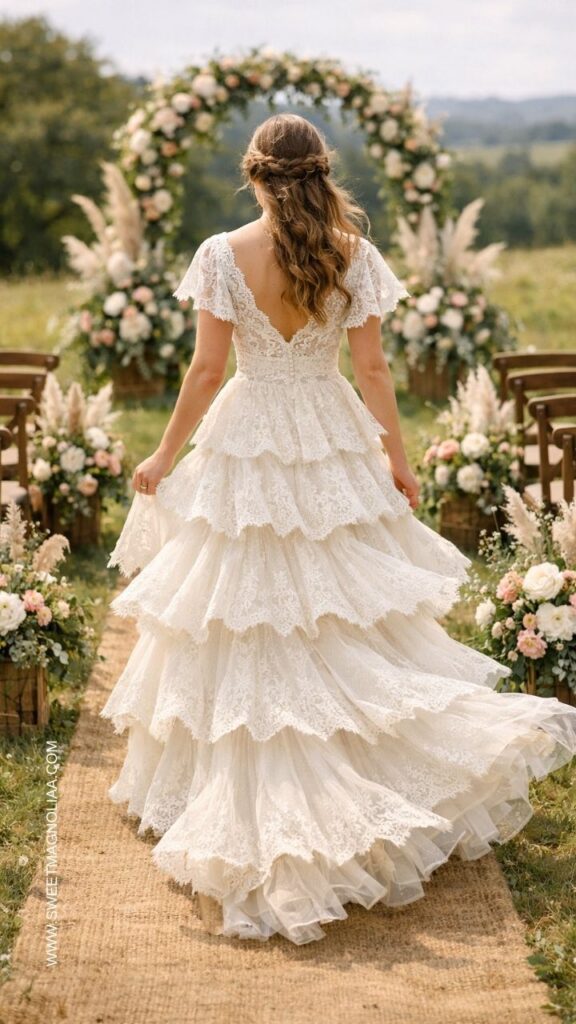 Bride wearing a tiered lace boho wedding dress with cap sleeves and open back walking down a rustic outdoor wedding aisle toward a floral arch.