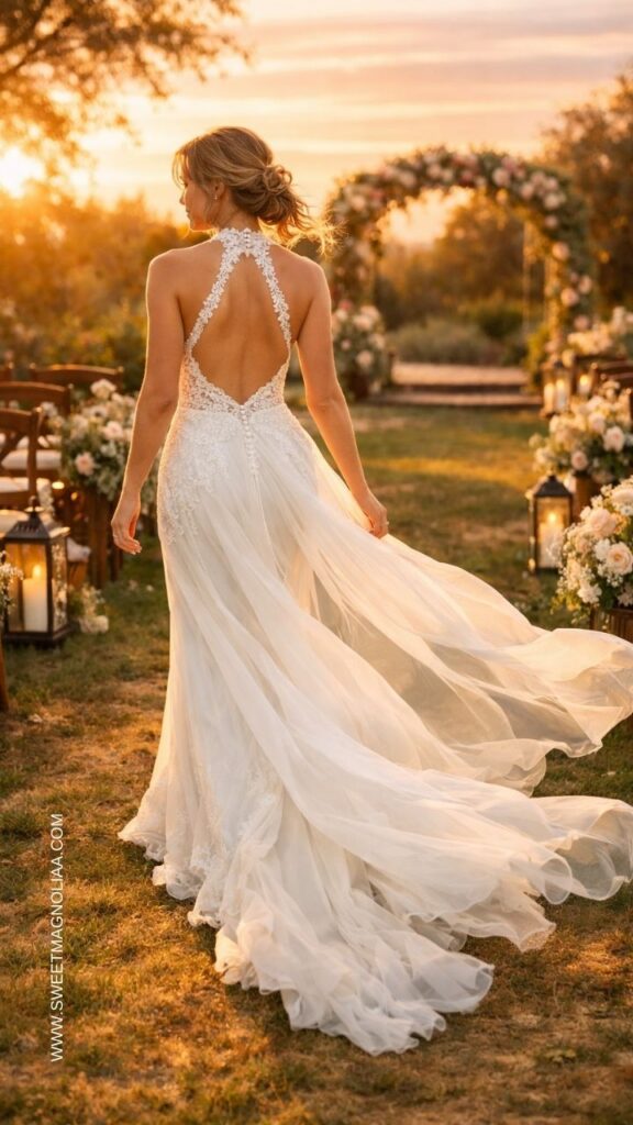 Bride wearing an open-back boho wedding dress with lace halter neckline and flowing chiffon train walking down a romantic outdoor aisle at sunset.