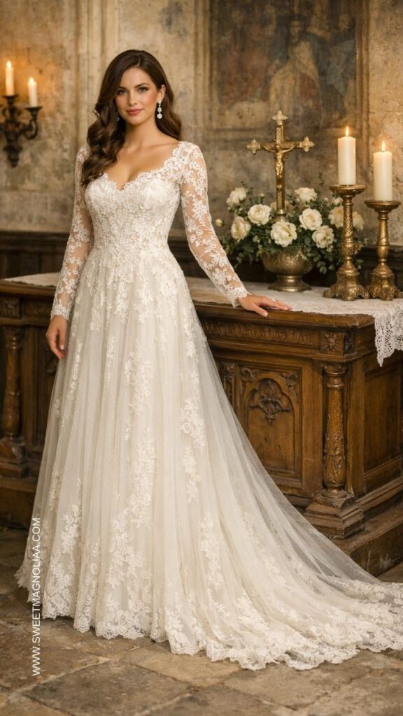 Bride wearing a long sleeve lace boho wedding dress with flowing train standing inside a vintage chapel with candles and rustic décor.