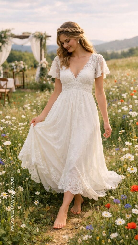 Bride wearing a lace boho wedding dress with flutter sleeves walking barefoot through a wildflower meadow during a romantic outdoor wedding ceremony.