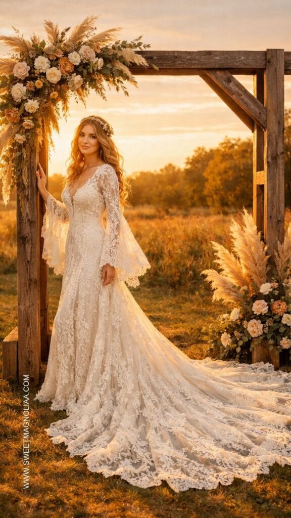 Bride wearing a lace boho wedding dress with bell sleeves and flowing train standing under a rustic wooden arch with pampas grass at sunset.