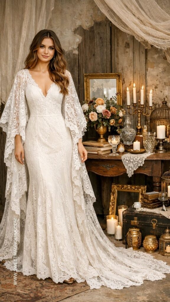 Bride wearing a vintage lace boho wedding dress with cape sleeves and long lace train standing in a rustic indoor wedding setting with candles and antique décor.