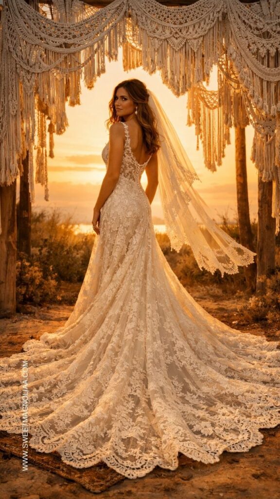 Bride wearing a backless lace boho wedding dress with long lace train standing under a macramé wedding arch at sunset during a rustic bohemian ceremony.