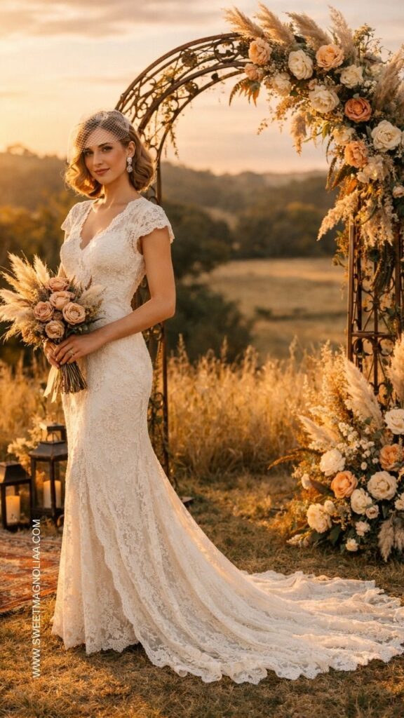Bride wearing a vintage lace boho wedding dress with cap sleeves and long train standing under a floral wedding arch at sunset.
