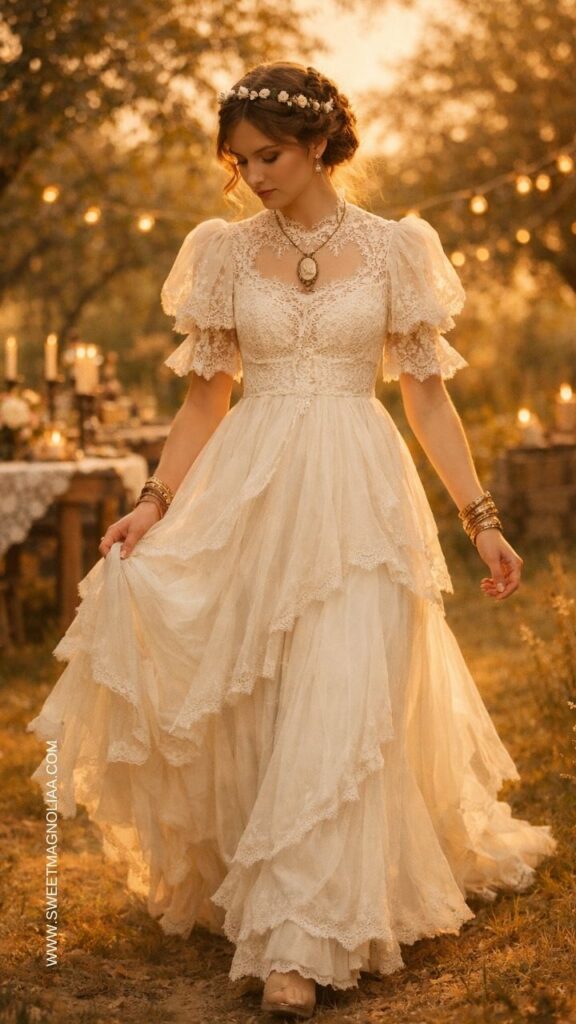 Bride wearing a vintage-inspired boho wedding dress with lace bodice, puff sleeves, and layered skirt walking through a rustic outdoor wedding at sunset.