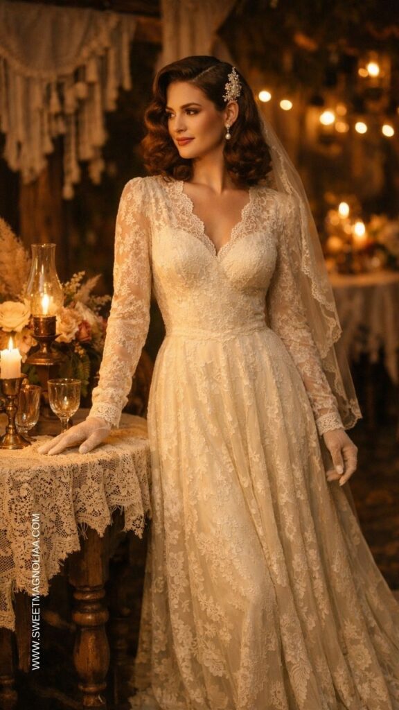 Bride wearing a long sleeve lace boho wedding dress with flowing skirt and veil standing in a candlelit rustic wedding setting with vintage décor.
