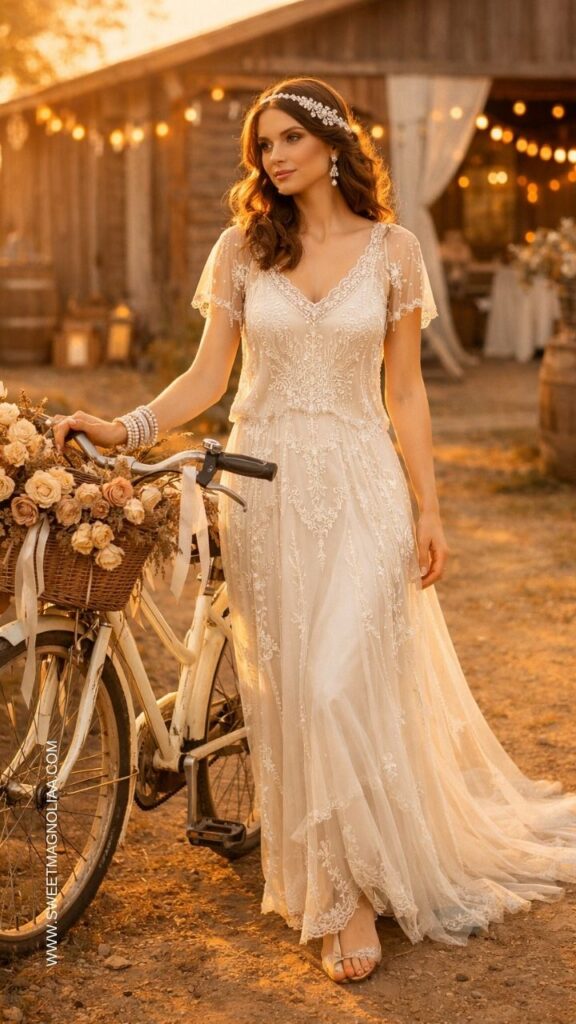 Bride wearing a lace boho wedding dress with flutter sleeves and flowing skirt standing beside a vintage bicycle at a rustic barn wedding at sunset.Why Boho Wedding Dresses Are So Loved by Modern Brides