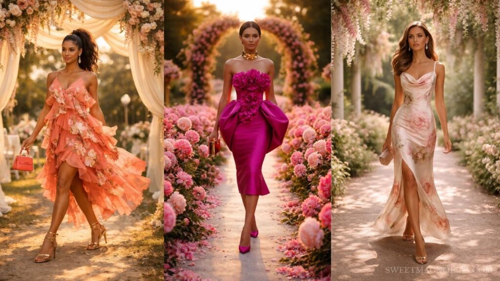 Romantic floral wedding guest dresses for spring, featuring soft pastels, flowing silhouettes, and elegant statement styles perfect for garden and outdoor celebrations.