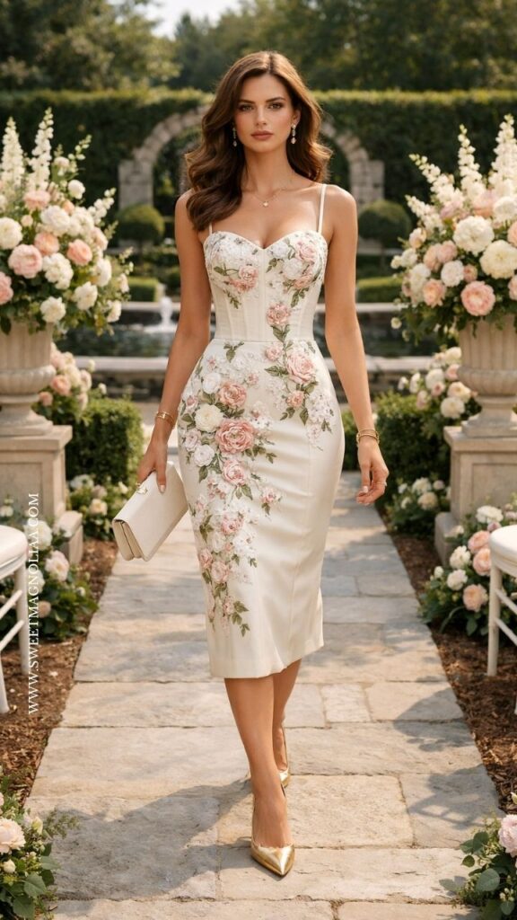Structured floral corset midi dress with fitted silhouette and soft rose print, styled with heels and clutch for an elegant spring wedding guest outfit outdoors