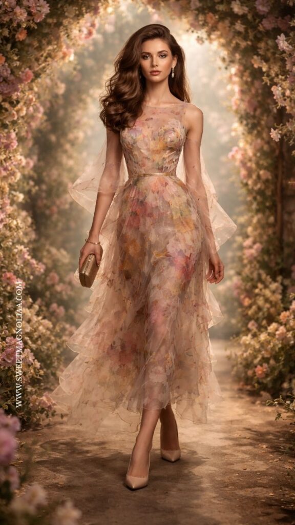 Sheer floral tulle midi dress with soft layered fabric and watercolor floral print, styled with heels and clutch for a romantic spring wedding guest outfit outdoors