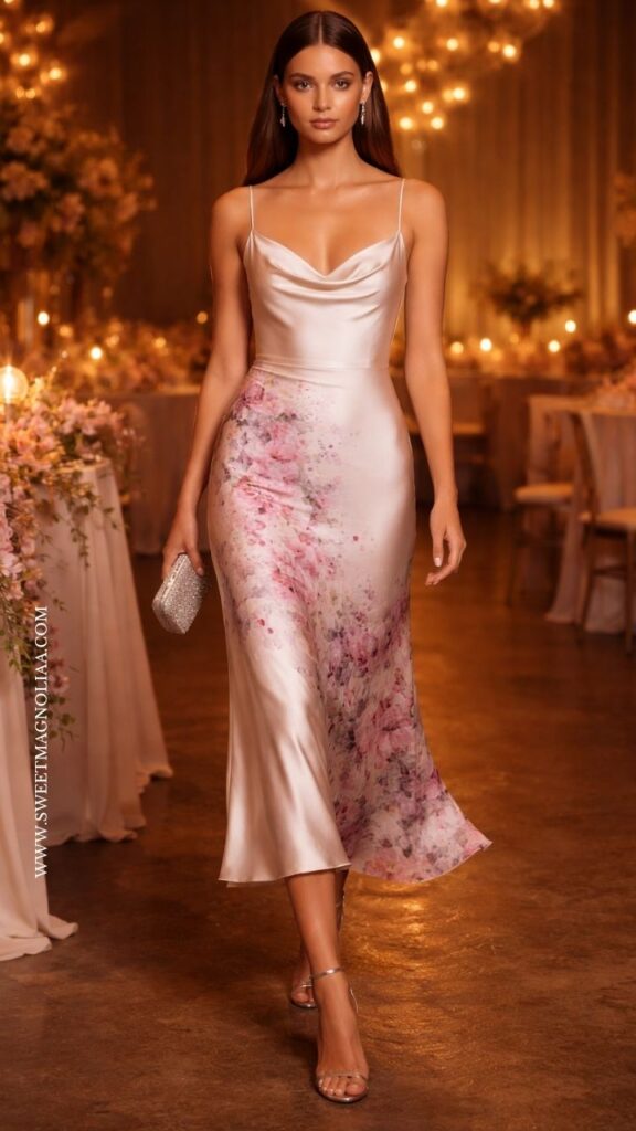 Satin floral print slip midi dress with soft draped neckline and delicate pink floral design, styled with heels and clutch for an elegant spring wedding guest outfit