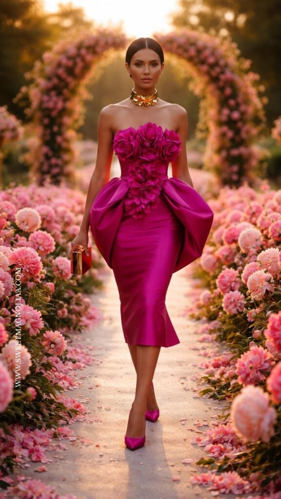 Bold strapless midi dress with 3D floral appliqué in vibrant pink, styled with heels and clutch for a statement spring wedding guest outfit in a garden setting