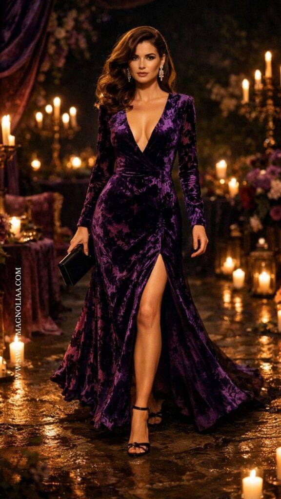 Velvet floral wrap maxi dress in deep plum tones with long sleeves and slit, styled with heels and clutch for an elegant evening spring wedding guest dress outfit