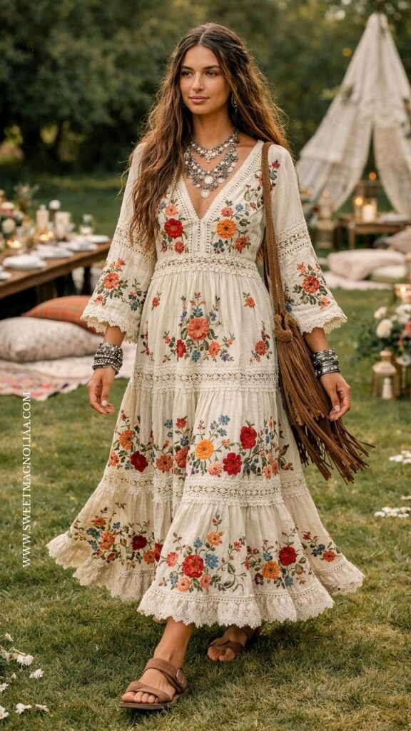 Boho floral embroidered maxi dress with tiered silhouette and earthy tones, styled with sandals and fringe bag for a relaxed spring wedding guest dress outfit outdoors
